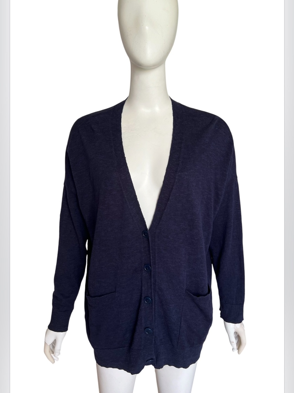 Eileen Fisher Organic Linen Cotton Slub Cardigan Sweater Sz M Navy Blue Pockets - Picture 4 of 12